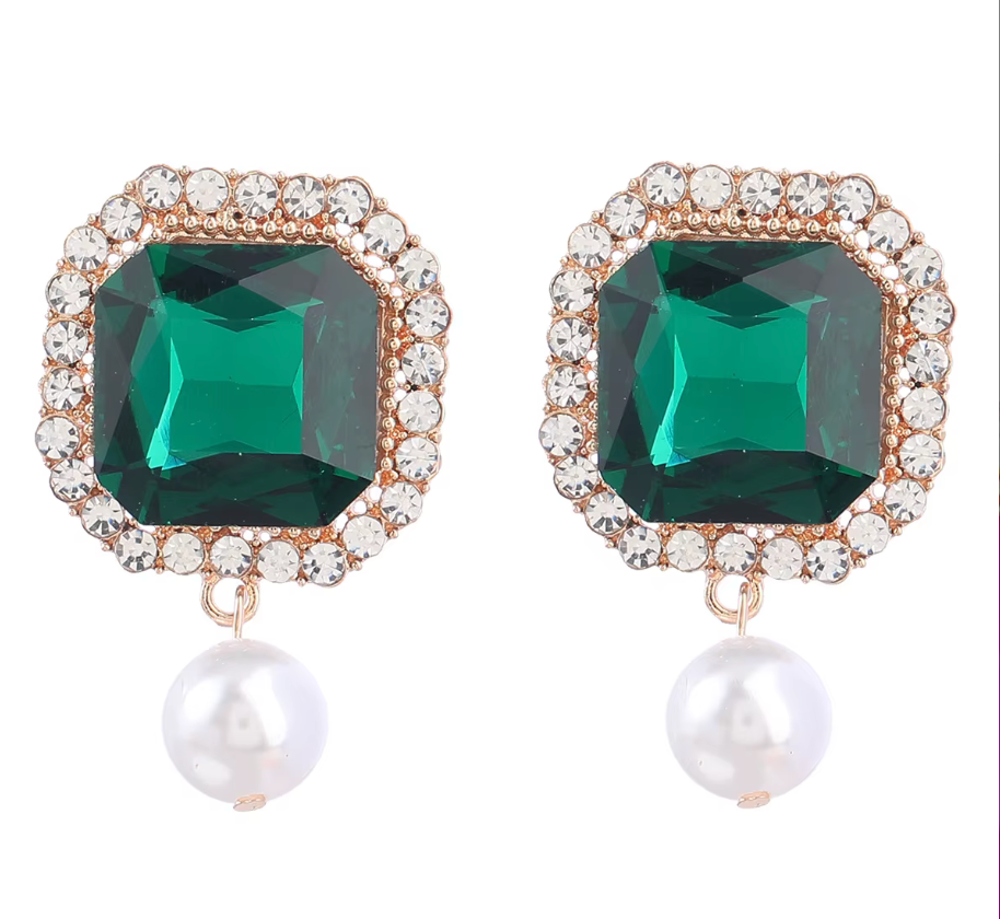 Square Cut Crystal Earrings with Pearl Drop