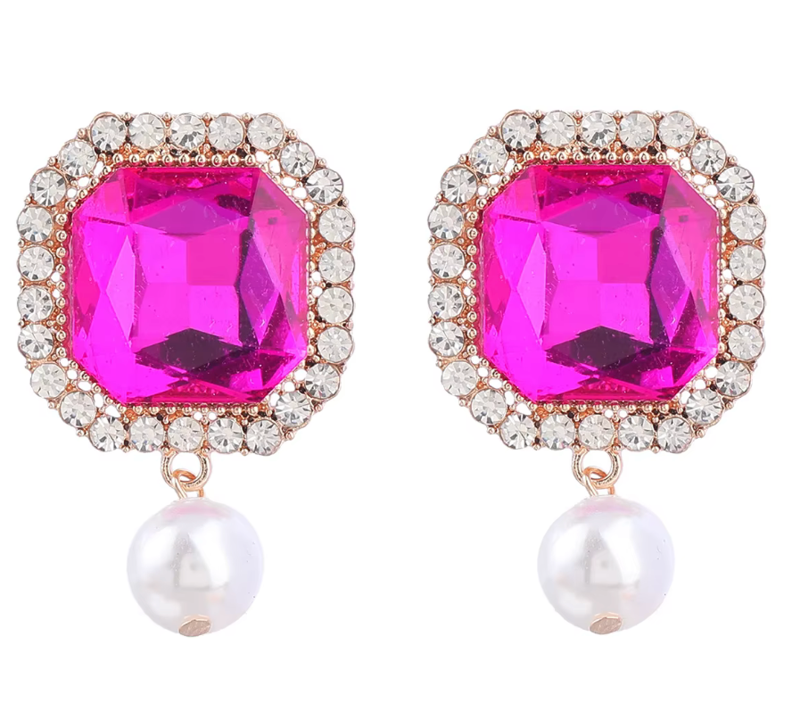 Square Cut Crystal Earrings with Pearl Drop